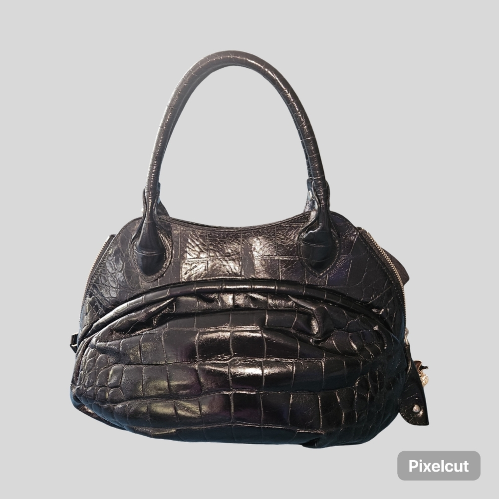 FURLA Black Crocodile-Embossed Leather, Logo Jacquard Lined Handbag With Twilly